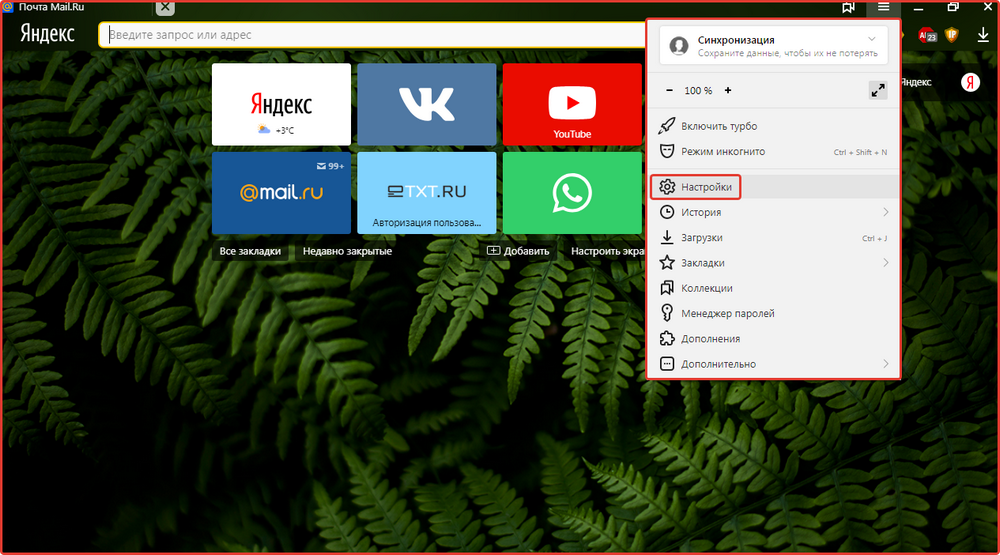 Configuración del navegador Yandex