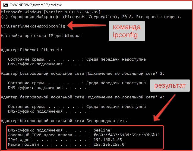 Comprobación de la dirección IP en la red local a través de la consola