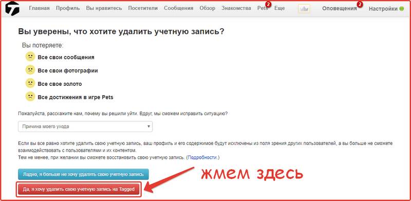 Удаление аккаунта Tagged: шаг №3